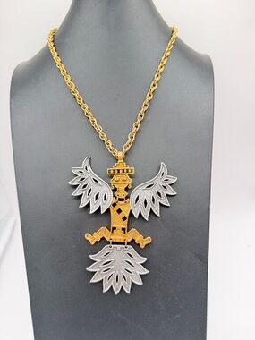 Vintage 60’s Gold Tone Silver Tone Aztec Bird Man Kachina Doll Pendant Necklace